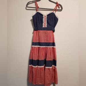 Candi Jones Vintage 1970s Gingham Red Checkered Prairie Dress